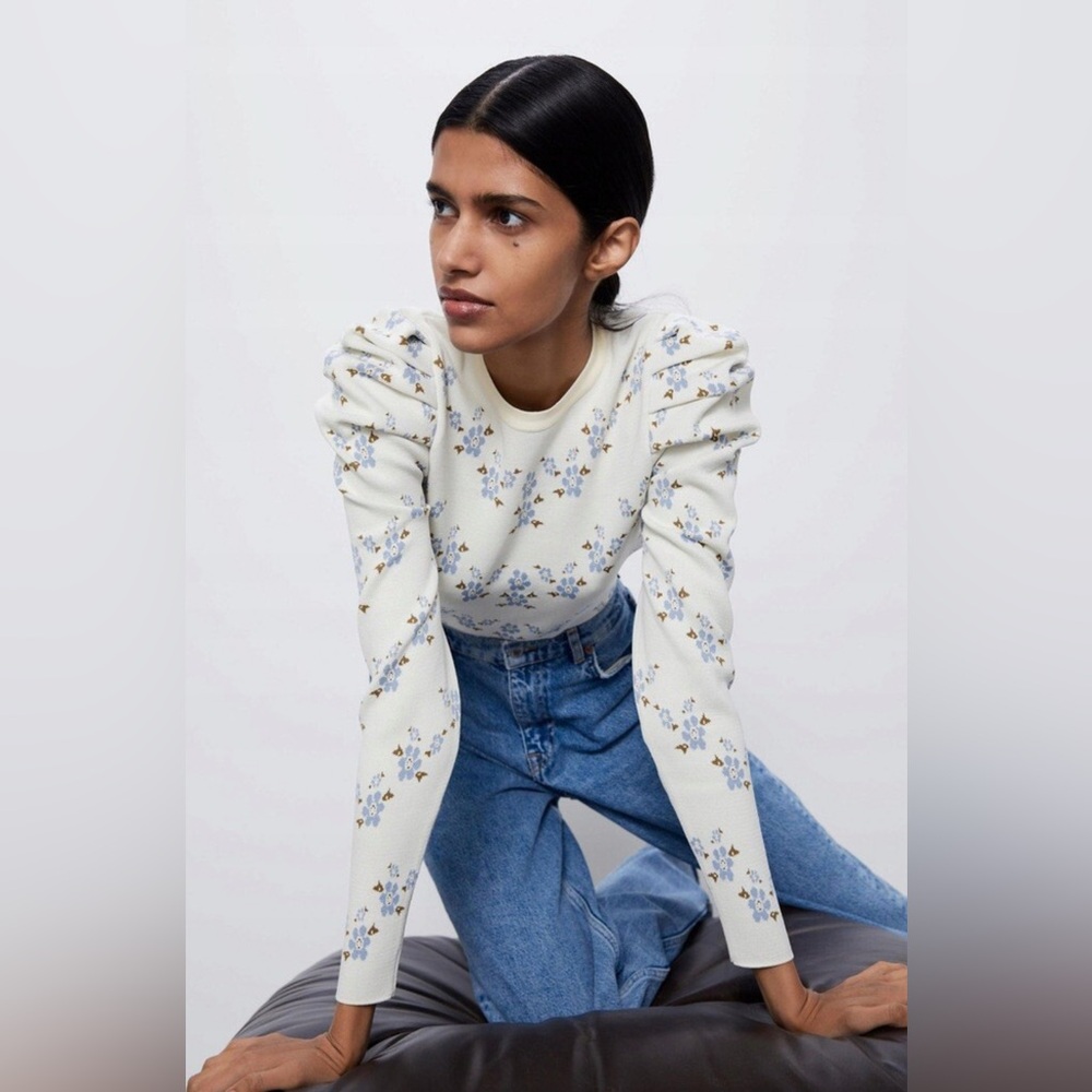 Zara White & Blue Floral Puff Sleeve Sweater
